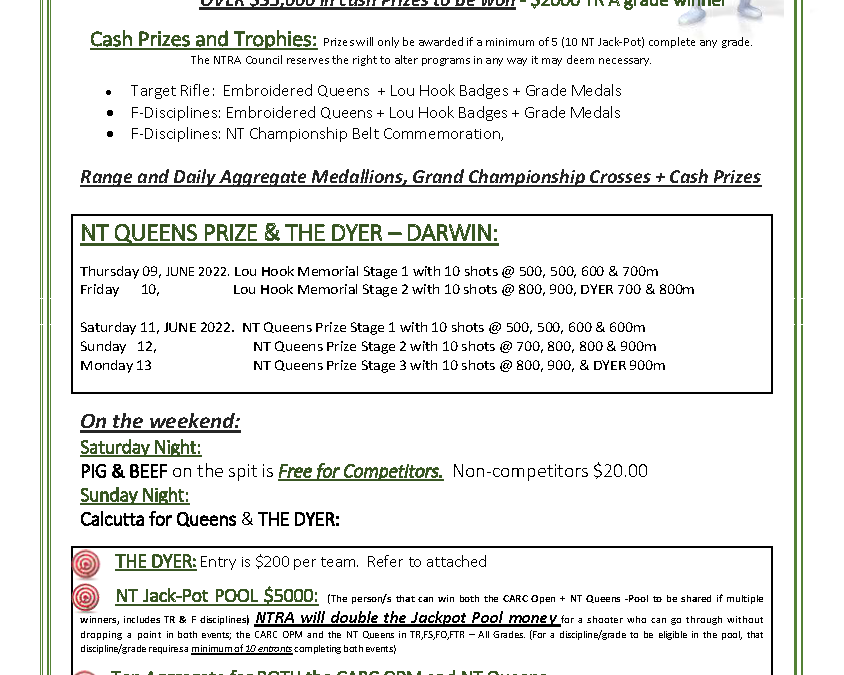 NT – 21st Queen’s Prize Meeting – Details and Entry Form